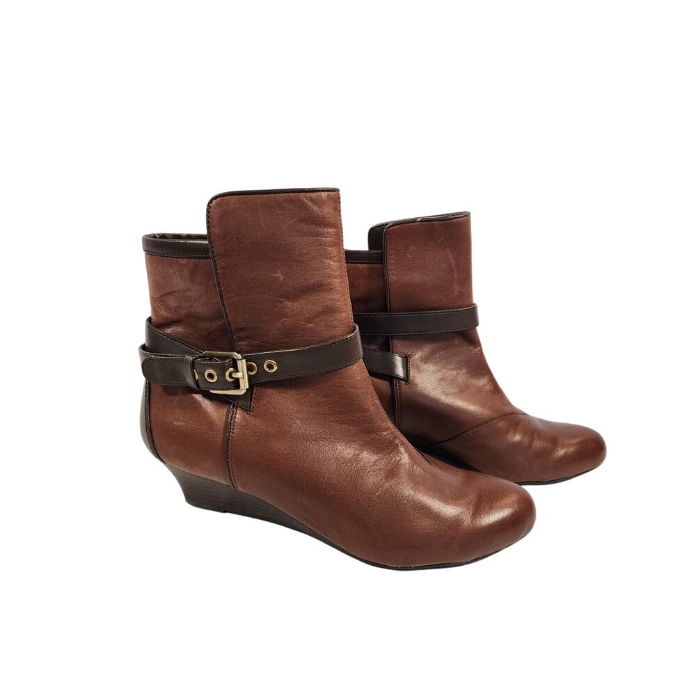 Rockport Adidas Womens 2ToneBrown Leather Bckle WedgeBooties Sz 8M StepIn Classy